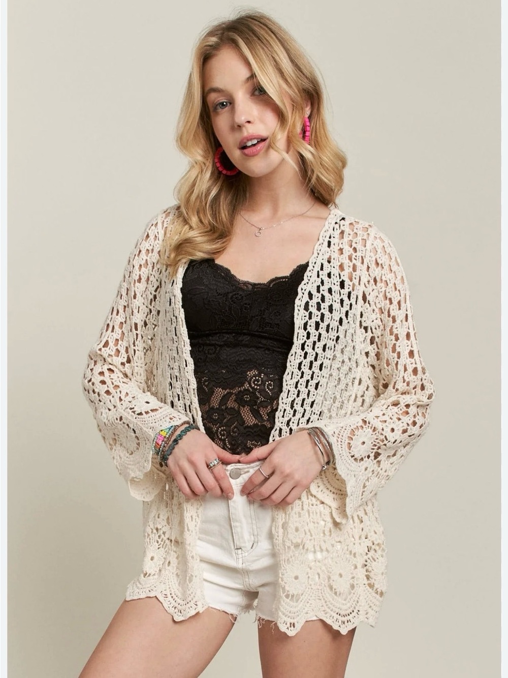 Rue21 Cream Crochet Open-Front Poncho Cardigan